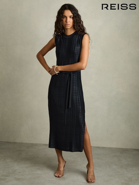 Reiss Navy Jules Pleated Column Midi Dress (AB2060) | £198