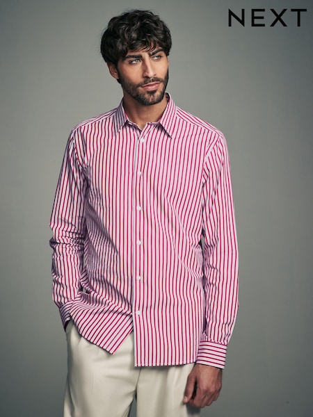 Pink Slim Fit Single Cuff Long Sleeve 100% Cotton Striped Shirt (AB2189) | £38