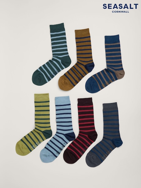 Seasalt Cornwall Black Mens Striped Sailor Gift Box Socks 7 Pack (AB2194) | £40