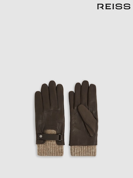 Reiss Dark Brown Sanford Leather Ribbed-Cuff Gloves (AB2300) | £110