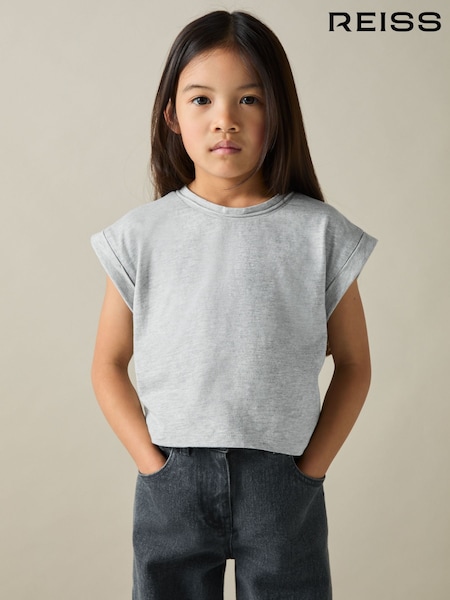 Reiss Grey Terry 9-13 yrs Cotton-Jersey Cropped T-Shirt (AB2378) | £12
