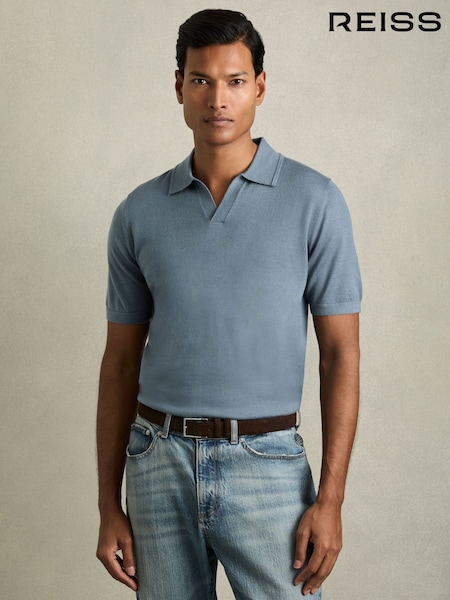 Reiss Airforce Blue Duchie Merino Wool Open Collar Polo Shirt (AB2411) | £88