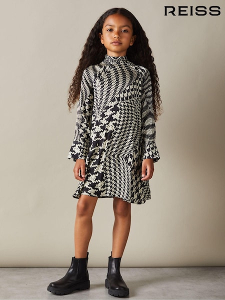 Black/Cream - Reiss Ester Dogtooth Flared Hem Dress