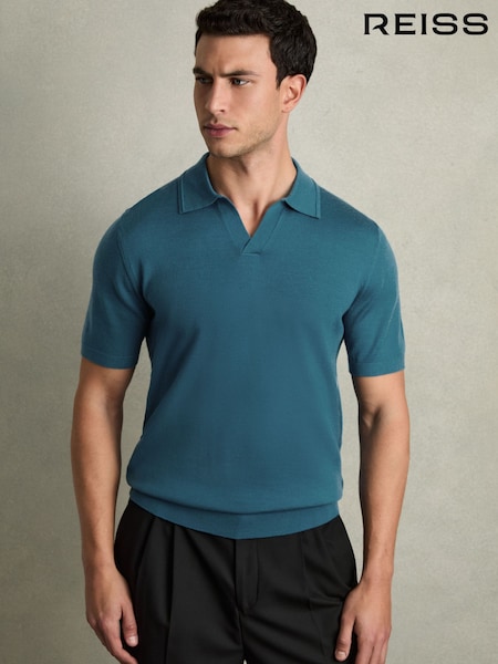 Reiss Deep Teal Blue Duchie Merino Wool Open Collar Polo Shirt (AB2471) | £88