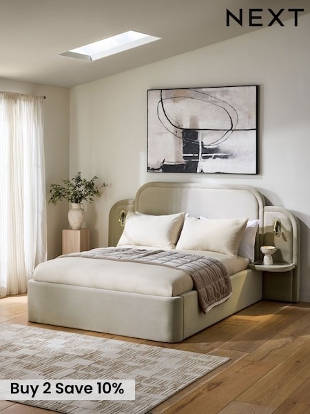 Soft Velvet Pebble Natural Sutton Wide Ottoman Storage Hotel Bed With Lights (AB2764) | £1,250 - £1,350