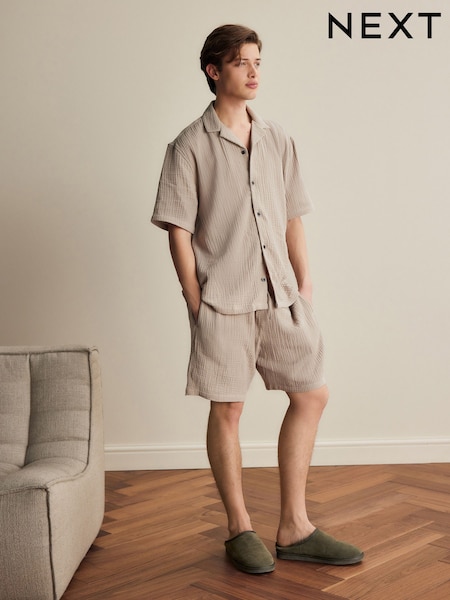 Neutral Stone Cheesecloth 100% Cotton Shirt And Shorts Set (AB3367) | £36
