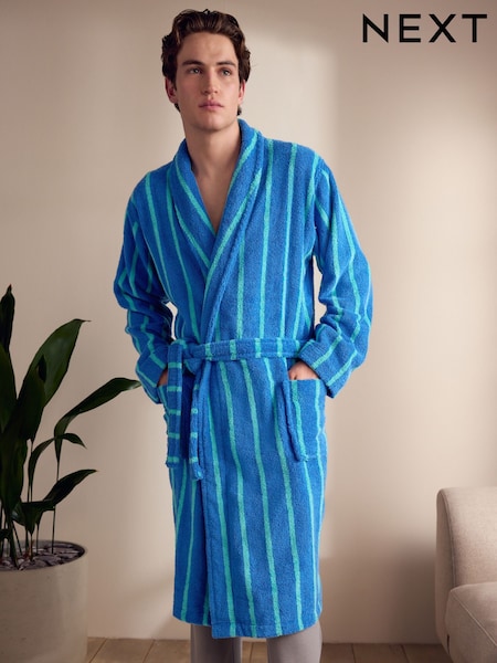 Cobalt Blue/Aqua Stripe Cotton Towelling Dressing Gown (AB3382) | £46