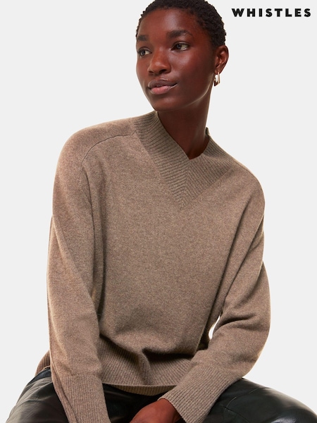 Whistles Cashmere V-Neck Knit Nude Jumper (AB3866) | £199