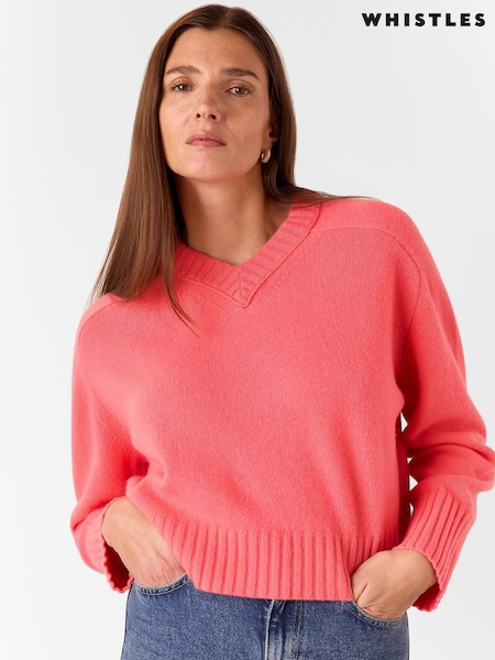 Whistles Pink Wool V-Neck Knitted Jumper (AB3880) | £119