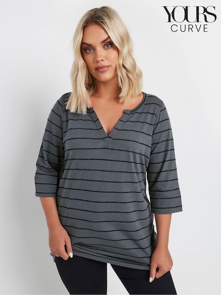 Yours Curve Grey Notch Neck 3/4 Sleeve 100% Cotton T-Shirt (AB4076) | £22