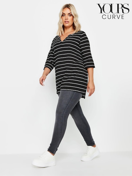 Yours Curve Black Notch Neck 3/4 Sleeve 100% Cotton T-Shirt (AB4084) | £22