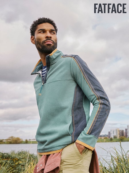FatFace Light Teal 100% Cotton Airlie Panel Quarter Zip Sweat Top (AB4144) | £60