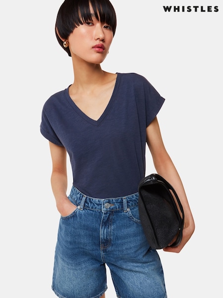 Whistles Blue Willa V-Neck Cap Sleeve T-Shirt (AB4261) | £35