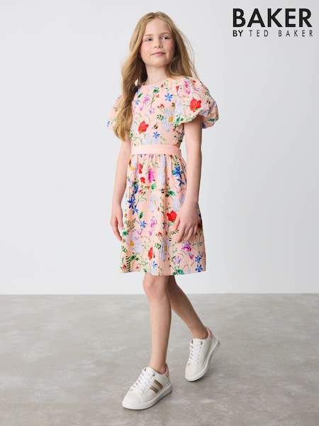 Baker by Ted Baker Peach Pink Textured Floral Print Cutout Dress (AB4280) | £40 - £45