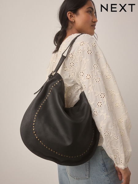 Black Leather Stud Shoulder Boho Bag (AB4308) | £75