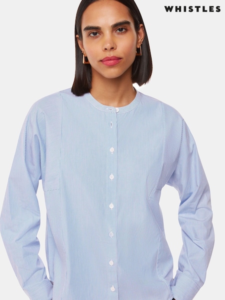 Whistles Blue Stripe Grandad 100% Cotton Collar Shirt (AB4341) | £89