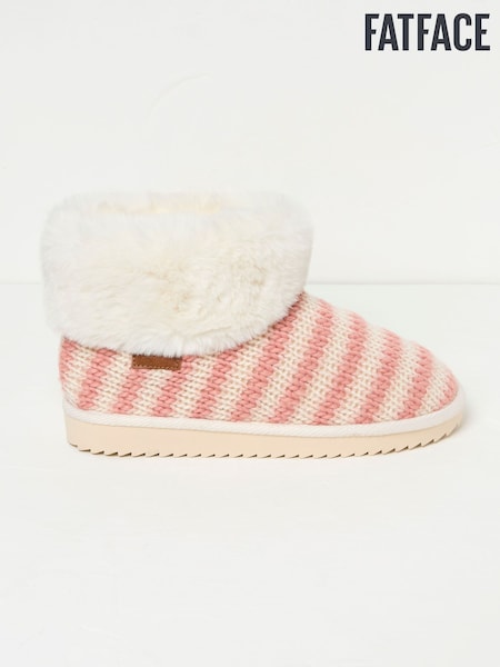 FatFace Pink Faux Fur Cuff Knitted Slipper Boots (AB4491) | £22