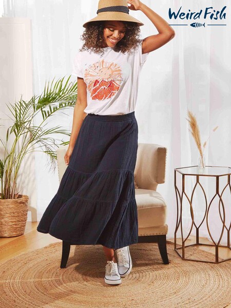 Weird Fish Blue Organic Doublecloth Midi Tiered Skirt (AB4612) | £28