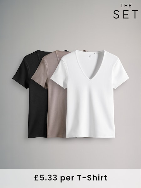 The Set Black/White/Taupe Brown 3 Pack Ribbed V-Neck Short Sleeved T-Shirts (AB4668) | £16