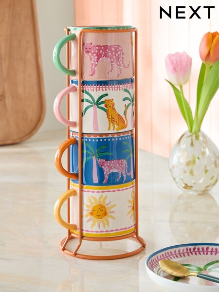 Set of 4 Multi Cassia Tropical Leopard Stacking Mugs (AB4785) | £24