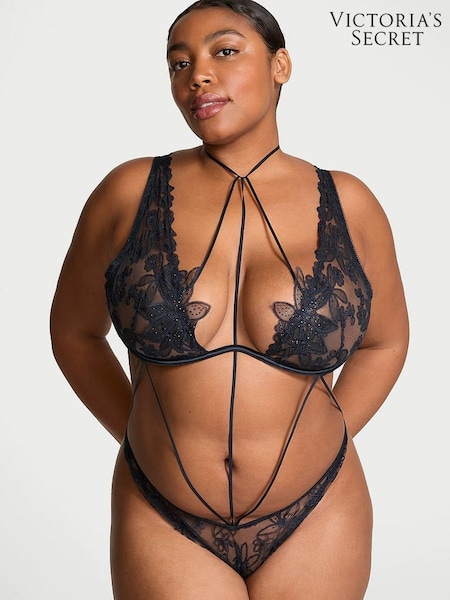 Victoria's Secret Dark Twilight Blue Ziggy Neck Tie Cut Out Bodysuit (AB5172) | £75