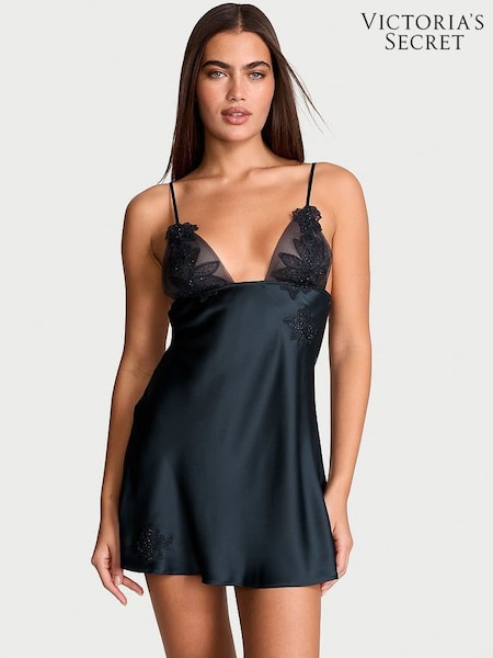 Victoria's Secret Dark Twilight Blue Ziggy Embellished Triangle Mini Slip Dress (AB5196) | £75
