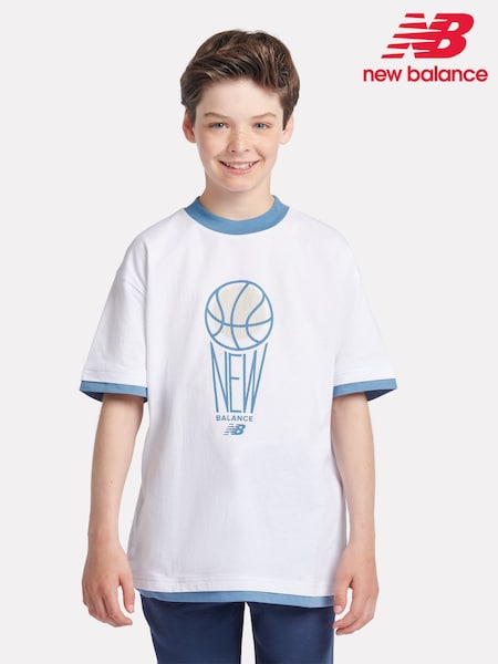 New Balance White Boys 100% Cotton Hoops Graphic T-Shirt (AB5524) | £25 - £30