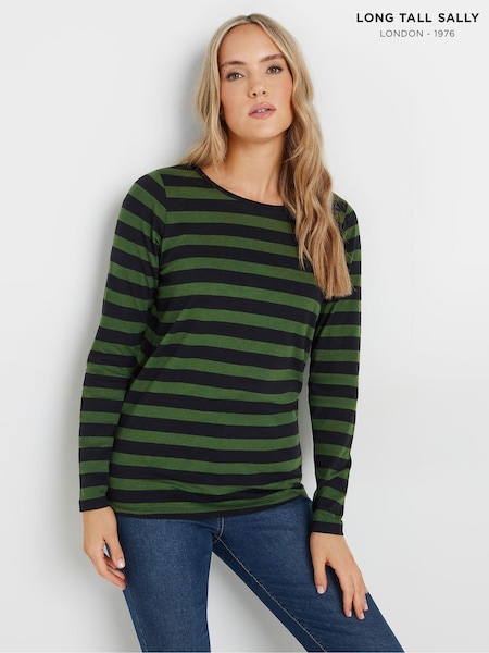 Long Tall Sally Green Stripe Long Sleeve Scoop Neck 100% Cotton T-Shirt (AB5819) | £19