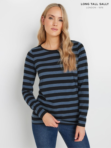 Long Tall Sally Blue Stripe Long Sleeve Scoop Neck 100% Cotton T-Shirt (AB5824) | £19