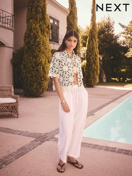White Tie Waist Barrel Leg Linen Blend Trousers (AB5868) | £26