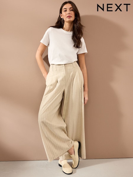 Natural Super Wide Striped Linen Blend Trousers (AB5875) | £52