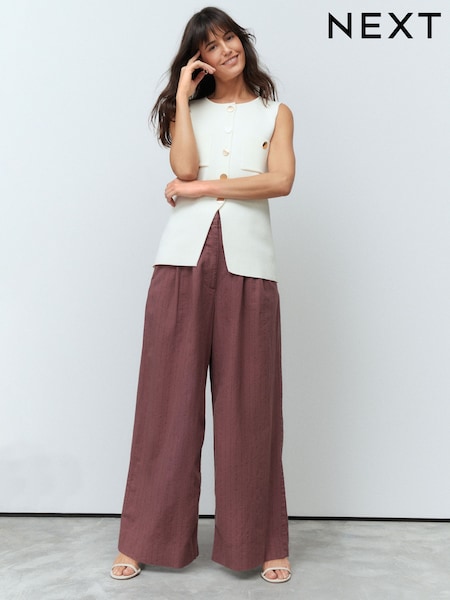 Burgundy Red Super Wide Striped Linen Blend Trousers (AB5876) | £52