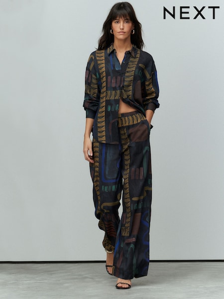 Navy Print Wide Leg Trousers with Linen (AB5877) | £29