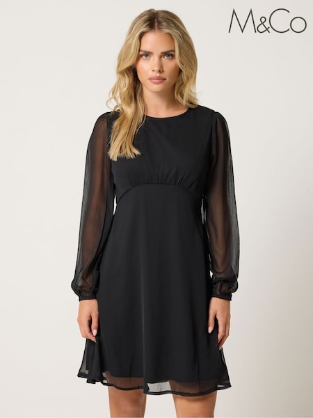 Black - M&co Petite Long Sleeve Chiffon Dress