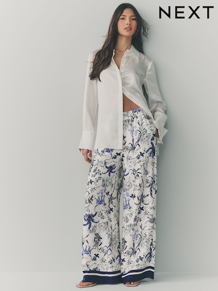 White/Blue Animal Print Wide Leg Satin Trousers (AB5888) | £46