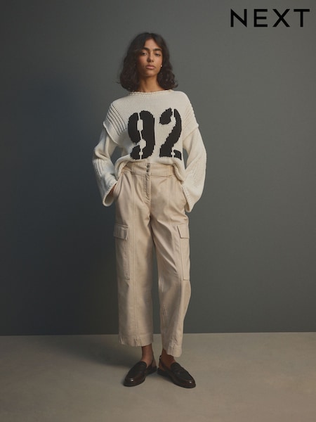 Ecru 100% Cotton Cargo Barrel Leg Trousers (AB5893) | £32