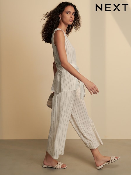 Neutral Stripe Tie Waist V-Neck Jumpsuit (AB5900) | £46