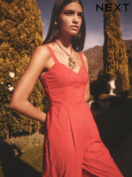 Red Brodery Strappy Wide Leg 100% Cotton Jumpsuit (AB5915) | £50