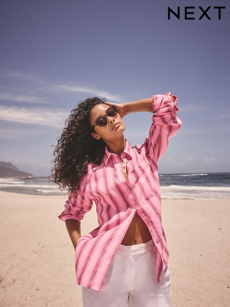 Pink/Brown Stripe 100% Linen Button Down Relaxed Long Sleeve Shirt (AB6028) | £48