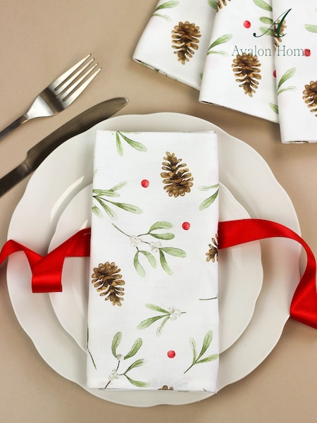 Avalon Home White Red Mistletoe and Pine 100% Cotton Pair of Napkins (AB6186) | £22