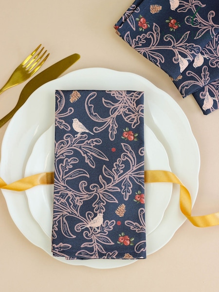 Avalon Home Navy Blue Robins 100% Cotton Pair of Napkins (AB6192) | £22