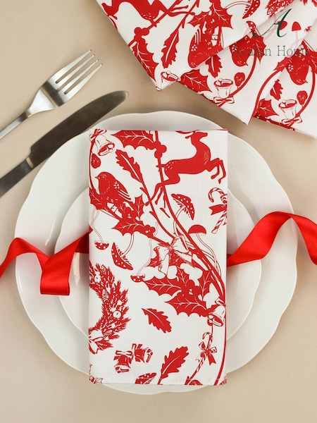 Avalon Home Red/Cream Stag 100% Cotton Pair of Napkins (AB6196) | £22