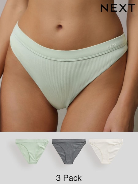 Green/Grey High Rise High Leg Cotton Rib Knickers 3 Pack (AB6390) | £16