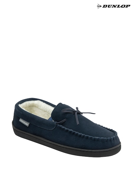Dunlop Blue Mens Faux Fur Lined Leather Moccasin Slippers (AB6454) | £30