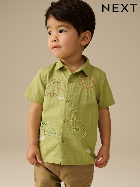Khaki Dino Embroidered Short Sleeves Embroidered Shirt (3mths-7yrs) (AB6464) | £14 - £16