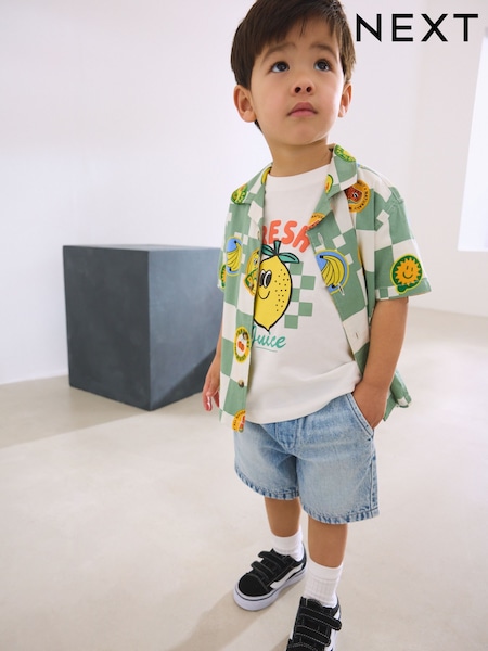 Green Checkerboard 2PC set Short Sleeves Revere Collar Checkerboard Shirt & T-Shirts Set (3mths-7yrs) (AB6482) | £17 - £19