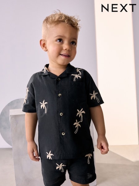 Black Texture Palm Short Sleeves Revere Collar Texture 100% Cotton Shirt & Shorts Set (3mths-7yrs) (AB6483) | £20 - £24