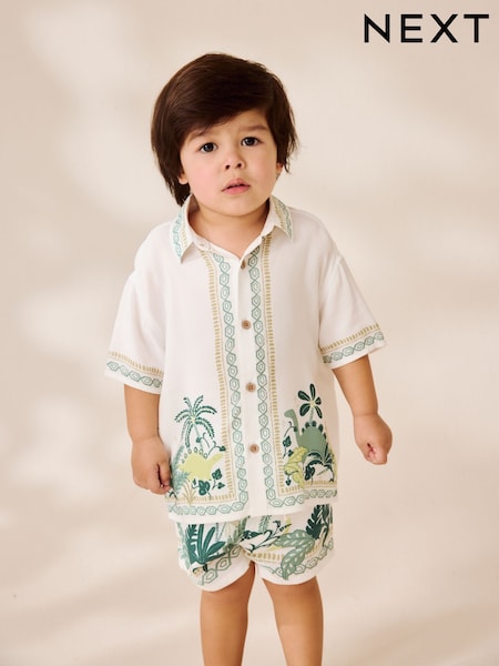 White Safari Print Border Short Sleeves Printed Shirt and Shorts Set (3mths-7yrs) (AB6496) | £22 - £26
