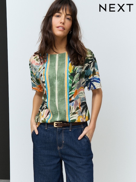 Green Abstract Border Palm Print Textured Boxy T-Shirt (AB6571) | £26