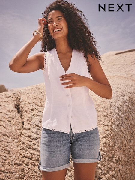 White Linen Sleeveless Lined Waistcoat (AB6574) | £39